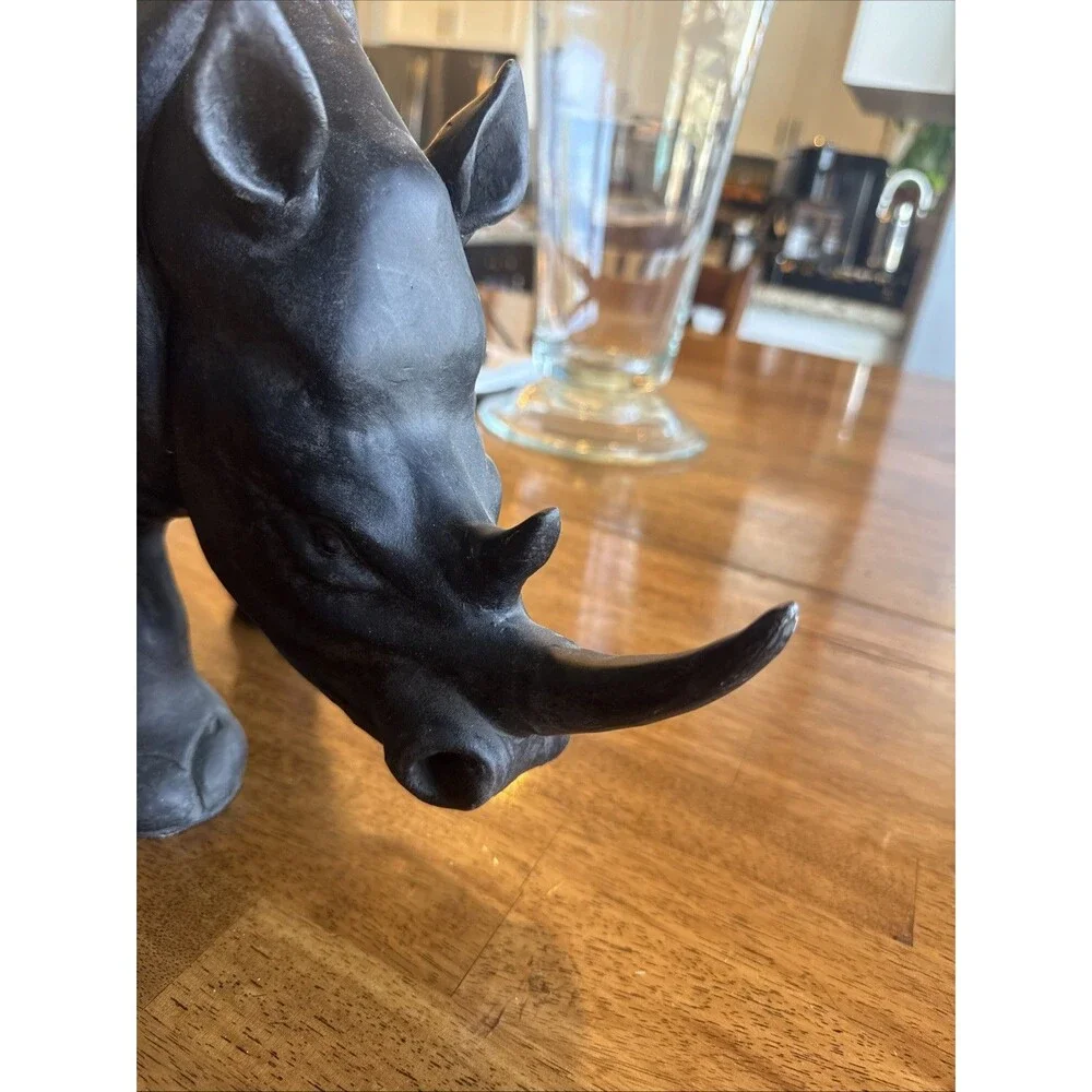 Large Black Rhinoceros Statue Figurine Distressed Safari Animal Home Décor